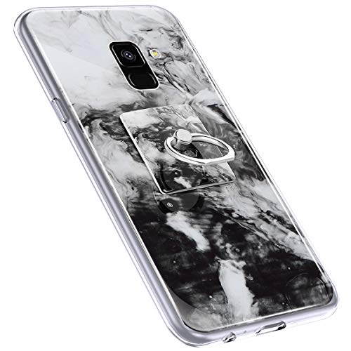 Urhause Cover Compatible with Samsung Galaxy A8 2018 Case Sparkle Glitter Bling Marble Case TPU Silicone Ring Holder Cover 360 Degree Rotation Ring Kickstand Shiny Bling Shockproof Cover Black & W