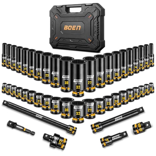 boen 48PCS 1/2&rdquo; Drive Metric Socket Set, Impact Deep&Shollow Socket(8mm-32mm), for Lug Nut Use...