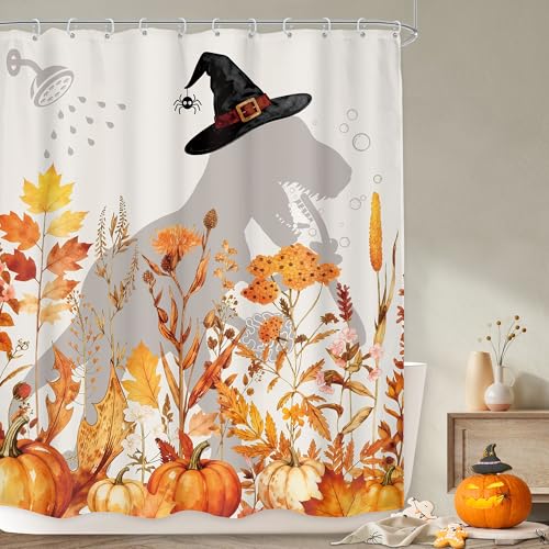 Image of Pumpkin Dinosaur Shower Curtain Bathroom Set 60Wx71H Inches Autumn Fall Funny for Kids Cute Dino Adorable Orange Leaves Bath Accessories Botanical Plant Art Home Decor Fabric 12 Pack Hooks