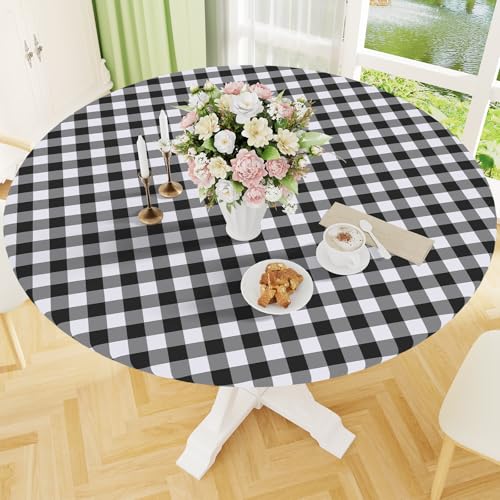Smiry Round Picnic Tablecloth Elastic Waterproof Fitted Vinyl Tablecloths for 45-56 Tables Flannel Backed Buffalo Plaid Table Cover for Dining Camping Outdoor Black and White