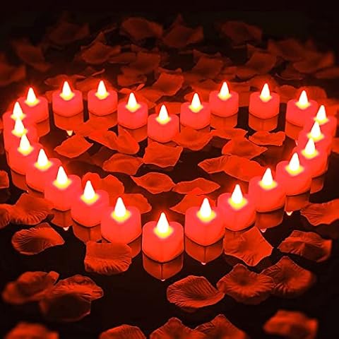 1000pcs Artificial Rose Petal with 24pcs Romantic Heart LED Candle Kit - Flameless Romantic Love LED Tealight Candle for Romantic Night Valentine's Day Anniversary Wedding Table Decor Gifts Cover