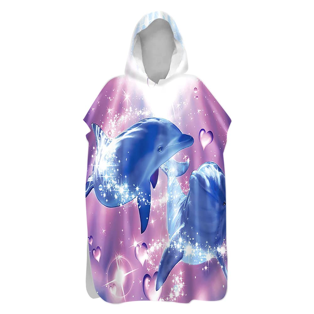 DOTBUY Hooded Poncho Towel for Kids Adults Changing Robe - 3D Dolphin Printed Microfiber Quick Dry Lightweight Men Women Beach Swim Surf Poncho (Couple Dolphins,60x110cm)