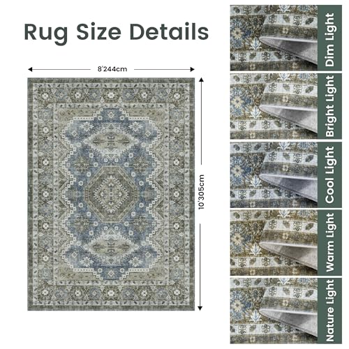 Rugland 8x10 Area Rugs - Stain Resistant Washable Rug, Anti Slip Backing Rugs for Living Room, Vintage Tribal Area Rugs(TPR07-Green, 8'x10')