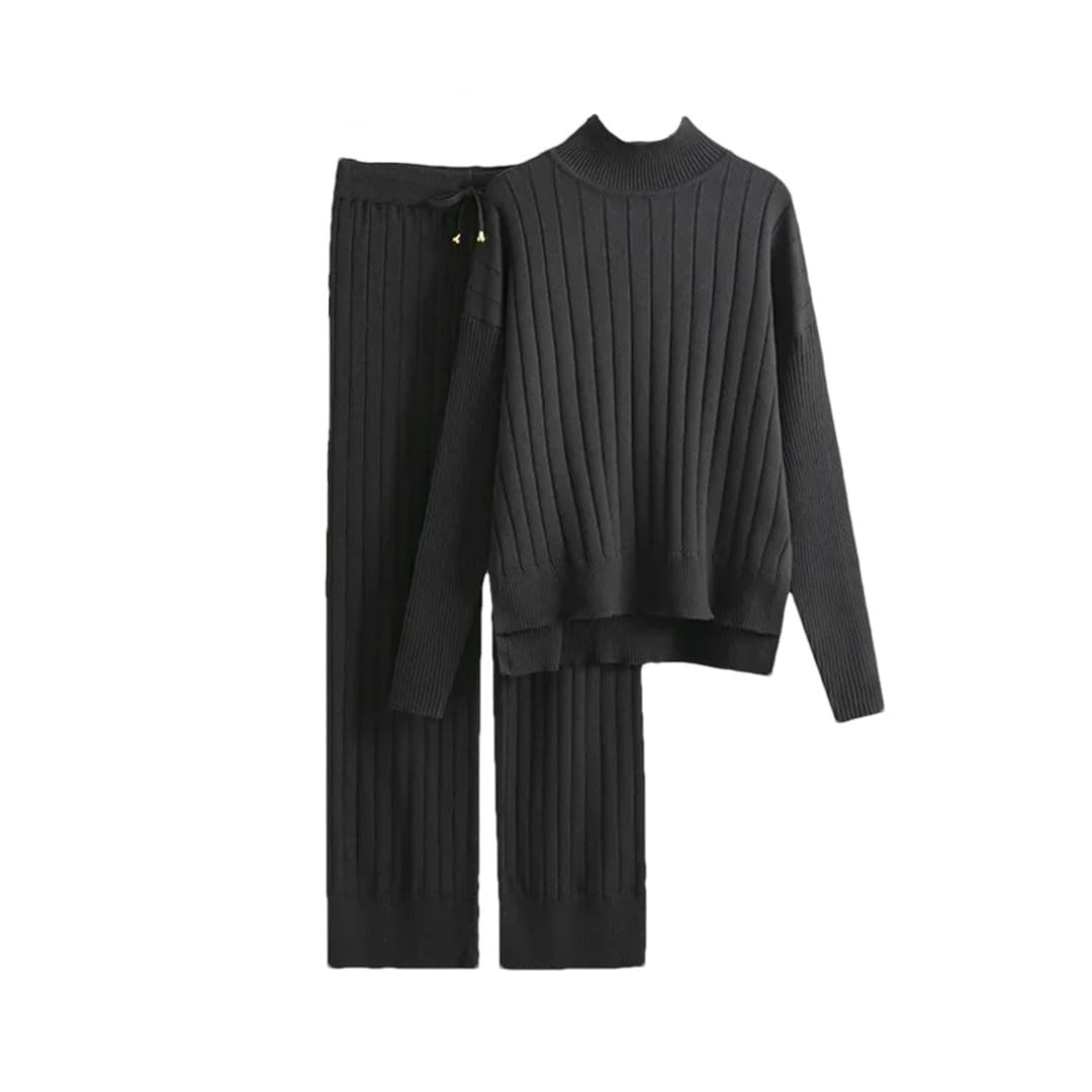 Donne Mezzo Dolcevita Manica Lunga Maglione Pullover Conjuntos Maglia Spessa Set 2 Pezzi Pantaloni Della Tuta A Vita Alta Abiti, Nero , S