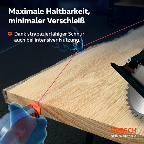 PRESCH Schlagschnur 30m inkl. roter Kreide (150g) – Schneller Rücklauf dank 6:1 Getriebe - Wasserabweisende Kreide für langlebige Markierungen – Robuste Schnur für präzise Linien