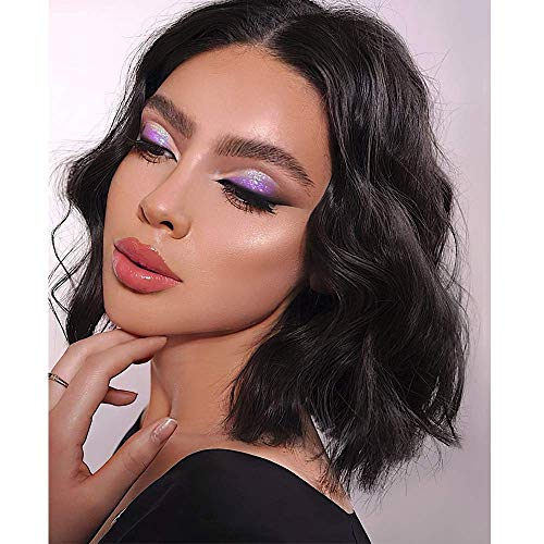 Short Pastel Wavy Bob Wigs Middle Part Black Curly Hair Cute Wigs Shoulder Length Synthetic Heat Resistant Short Wigs for Women Colorful Costume Bob Cosplay Wig for Girl (Natural Black)