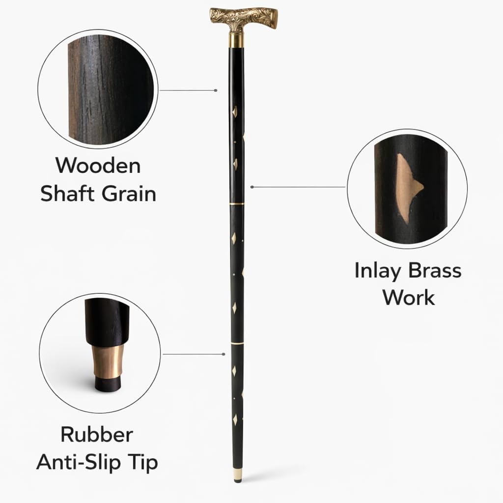 Handmade Wooden Walking Cane – Solid Brass Edwardian Derby Handle, 36” Hardwood Walking Stick with Brass Inlay & Anti-Slip Rubber Tip for Seniors | Ergonomic Orthopedic Grip | Costume, Cosplay