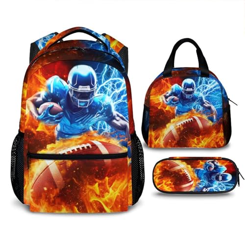 Boys Backpack, Football Backpacks for Kids Teens, 17 Inch Lightweight Sport School Bookbag for Elementary Middle Primary High Senior, Set of 3 Boys Back to School Supplies