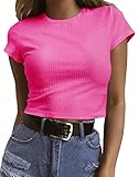 Artfish Women's Short Sleeve Knit Ribbed Crop Top Teen Girls Basic Tee Shirts Neon Hot Pink, XS