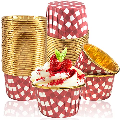 Ruiqiger 50 Pack Gingham Foil Cupcake Baking Cups, 3.5 Oz Checkered Gold Foil Cupcake Liners Muffin Liners Mini Cake Cupcake Baking