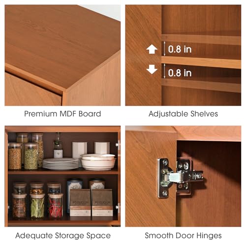 Image of 59 inch Sideboard Buffet Cabinet with Storage, Mid Century Modern Accent Cabinet with Herringbone Doors & Adjustable Shelves, Decorative Media Console Credenza for Living Room Kitchen Entryway, Red Walnut