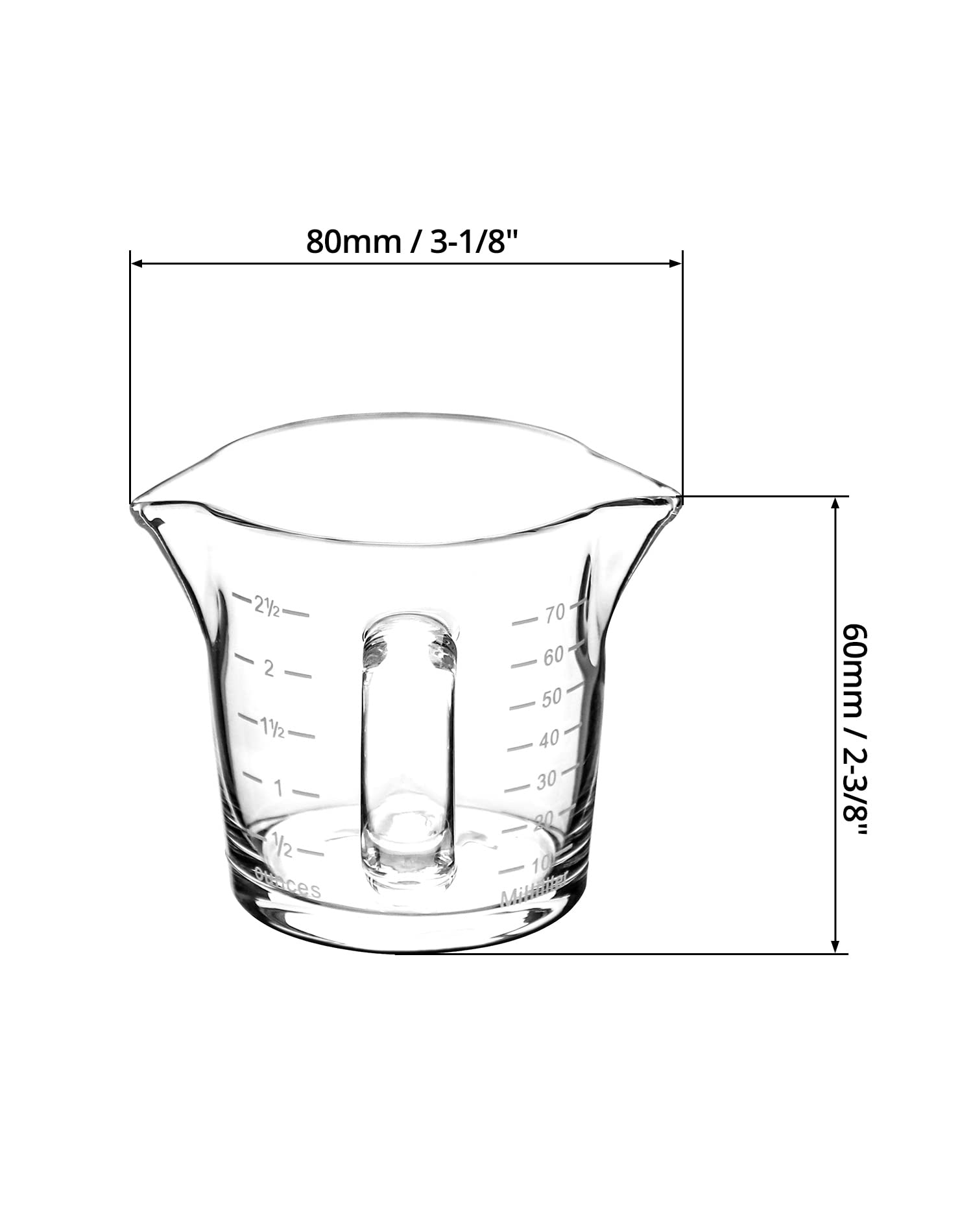 Vaso de chupito espresso con asa, paquete de 2 tazas medidoras de vidrio de doble boquilla de 3 onzas, taza de leche triple con dos escalas (OZ y ML) 6