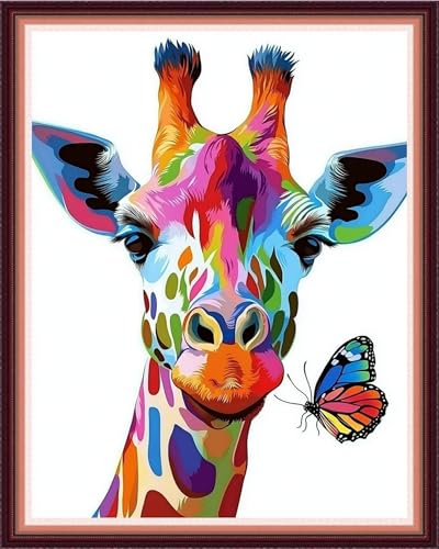 Image of Funxvoot Stamped Cross Stitch Kits for Beginners or Adults Embroidery Starter Patterns | DIY Printed Cross Stitch Kits Needlepoint for Adults 11CT-Giraffe Butterfly 16x20 inch