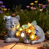 Solar Cat Garden Statue - Lying Outdoor Figurine with Dragonfly & Flower LEDs, Upgraded 2.0 Solar, Auto On/Off, IP65 Waterproof Hand-Painted Resin, Garden Decor, Gift for Cat Lovers, Mom, Grandma