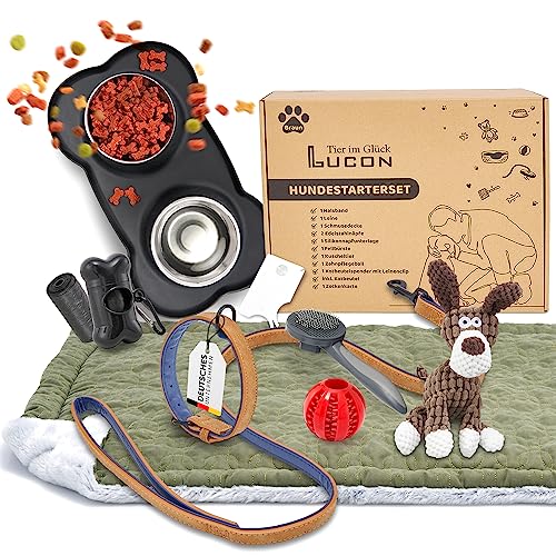 LUCON Hundestarterset Hunde Zubehör Geschenkset bestehend aus Hundespielzeug Hundeleine Hundehalsband Hundedecke Hundebürste Hundenapf Kotbeutel Zeckenkarte Welpen Set