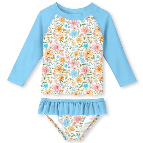 Image of Funnycokid Girls Swimsuit Toddler Bathing Suit Long Sleeve 2 Piece Rash Guard Set for Kids 2-10 Years