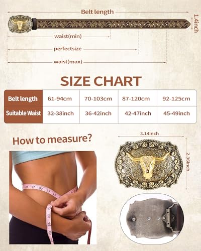 Western Cowboy Belts for Men Women,Western Belt with Bull Buckle, Country Longhorn Bull PU Leather Belt for Jeans3