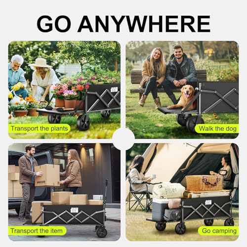 Collapsible Wagons Carts Foldable with Extended Tailgate, Folding Cart on Wheels, Portable Heavy Duty Shopping Carts for Groceries, Apartment, Garden, Camping, Fishing, Outdoor (Black)
