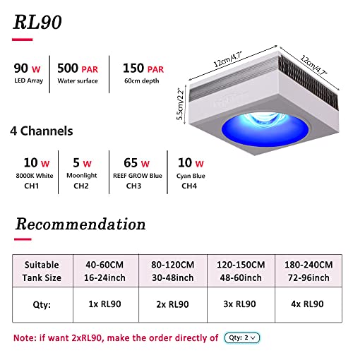 Image of Popbloom RL90 Aquarium LED Reef Light 100W, Smart-APP Control Full Spectrum Marine LED for Saltwater Coral Fish Tanks (White, V2 Arm Kit)