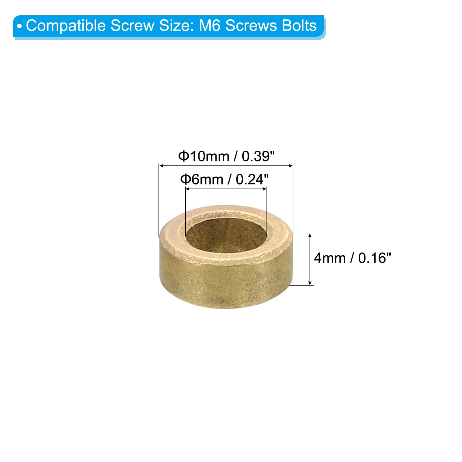 PATIKIL M6 Brass Spacers, 5 Pcs Metal Spacer Brass 6mm ID x 10mm OD x 4mm L Brass Spacers Screw Standoff for 1/4inch or M6 Screw Bolts - Image 2