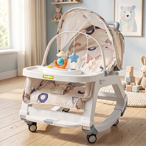 Image of Baybee 5 in 1 Baby Rocker and Feeding Chair for Babies | Portable Rocking Chair for Kids with Parent Handle, Multi Position Recline, Food Tray & Music | Baby Bouncers 0 to 3 Years Boys Girls (Grey)