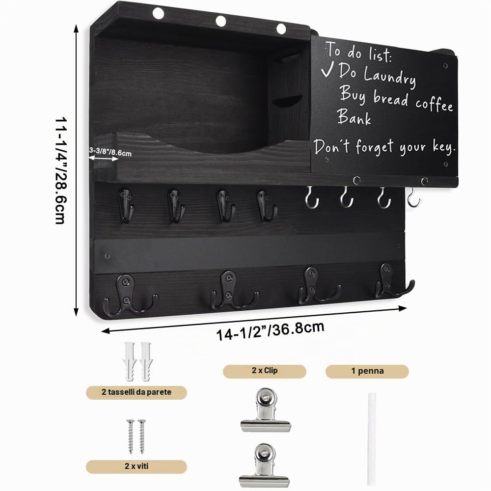 Portachiavi in Legno con Ripiano, Portachiavi da Parete per Chiavi con 12 ganci, Portachiavi da Parete con Cassette Postali e Lavagna per Aree D'Ingresso e Dietro le Porte. Nero