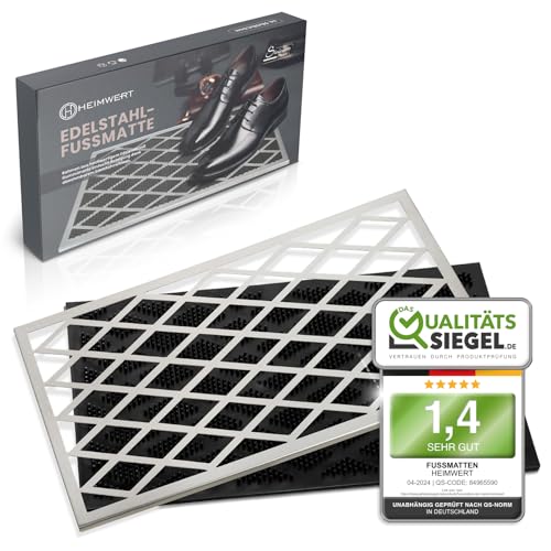 Heimwert Premium Fußmatte für Außen aus rostfreiem Edelstahl | Abnehmbarer Edelstahlrahmen | Gummi-Schmutzfangmatte | Leicht zu reinigen | Ideal für Hauseingänge | 58x38cm