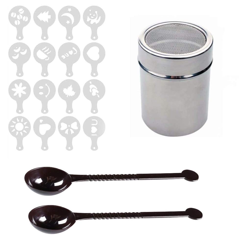 Chocolate Shaker Duster, Chocolate Shaker,16 Piece Coffee Stencils Set,for Coffee Lovers Decorating Cappuccino Latte Hot Chocolate Cocoa Cake Design Decoration