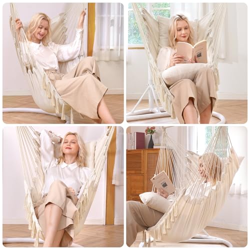 Image of Y- STOP Hammock Chair Hanging Rope Swing, Max 500 Lbs, 2 Cushions Included, Large Macrame Hanging Chair with Pocket for Superior Comfort, with Hardware Kit (Beige)