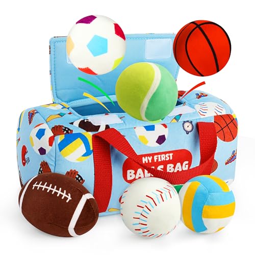 Vanmor Sensory Sports Balls for Babies 6-12M+, 6 Pack Machine Washable Plush Ball Set with Crinkle, Rattles, Squeaky Sounds, Toddler Learning Toys, Portable Travel Bag, for Newborn