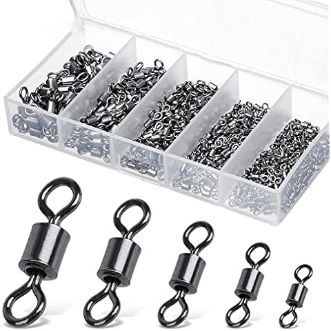 Realure 200 Pcs Rolling Fishing Swivels 5 Sizes Swivels for Carp Fishing Accessories Swivels 4# 6# 8# 10# 12# Barrel Fishing Connector Swivel for Sea Fishing, Fishing Line, Hooks Swivels Cover