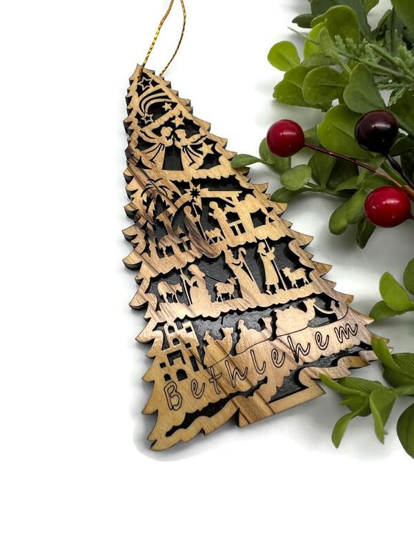 Nativity Scene Ornament for Christmas Tree Carved into Tree Shape, Holy Land Olive Wood Nativity...