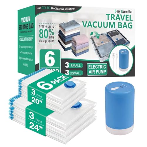 6 Pack Travel Vacuum Storage Bags with Rechargeable Wireless Electric Pump for Luggage, Suitcase, Carry-on Size Vacuum Seal Compression Space Saver Bags for Clothes and Clothing Travel