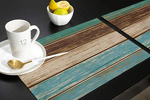 Vandarllin Placemats Set Of 6, Retro Rustic Wood Texture Polyester Stain Resistant Table Mats Washable Placemat Decoration For Kitchen Dining Table Teal Green Brown #TOP4