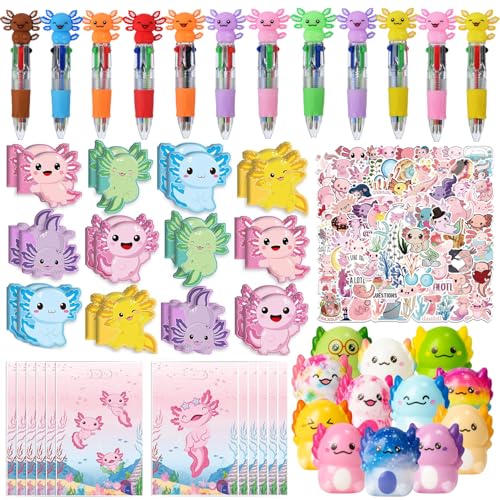 Augweyang Axolotl - Juego de artículos de papelería para fiestas, bolígrafos, cuadernos, calcomanías y bolsas de regalo para 12 invitados, bolsa de regalo, rellenos de piñata, rellenos de fiesta de