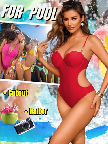 Women's Push-up Monokini with Sarong, Seashell Bra Halter Backless Cheeky, One Piece Swimsuit with Skirt Set4