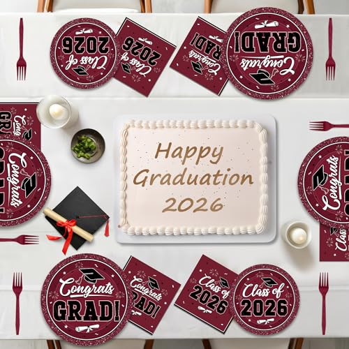 Image of QZYL 200Pcs Graduation Supplies Set, Burgundy Graduation Plates, Napkins, Dessert Plates and Plastic Forks, Disposable Grad Party Supplies for 50 Guests, Grad tableware for 2026 School Ceremony