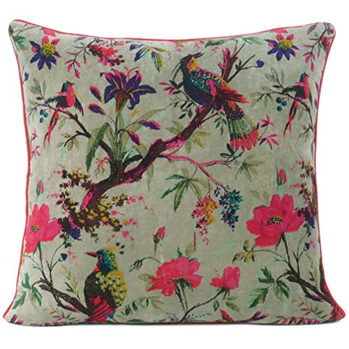 Ojos de la India Colores Completos Terciopelo Pájaro Sofá Funda Almohada Boho Decorativa Bohemia India - Verde, 16 X 16 en. (40 x 40 cm)