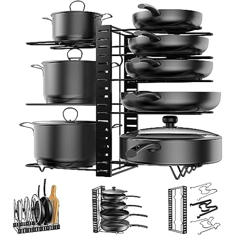Pot Rack Organizer, 3 DIY Methods, Height and Position are Adjustable - 8 Pots Holder, Metal Kitchen Cabinet Pantry Pot Pan Lid Holder (BLACK) Cover