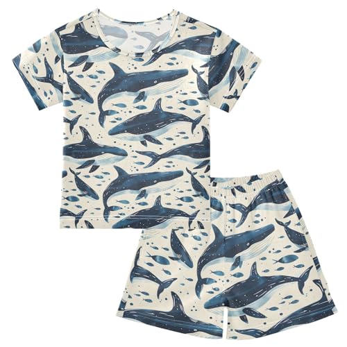 ALAZA Whale Fish Blue Pajamas Short Sleeve 2 Piece Sleepwear Top and Bottom Pajama Set Unisex