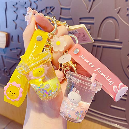 Ici-Rencontrer Cute Kawaii Floating Cartoon Animals Rabbit Milk Tea Cup Design Backpack Car Key Pendant Kids Girls Women Handbag Wallet Clear Acrylic Glitter Liquid Keychain #TOP2