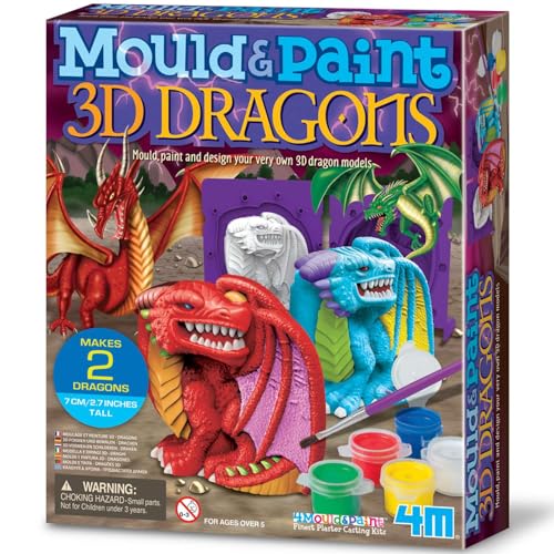 4M Mould & Paint 3D Dragons Kit | Creative Dragon Craft Set with Plaster, Paints, Brush & Carving Tool for Kids Age 5+ | DIY Moulding Activity to Make 2 x 7 cm Tall Models | Fun Art Gift for Children