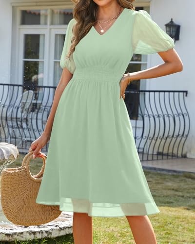 Image of Holipick Women Summer Casual Dress Wedding Guest V Neck Short Sleeves Smocked Waist Chiffon Swing Knee Length Midi Dresses