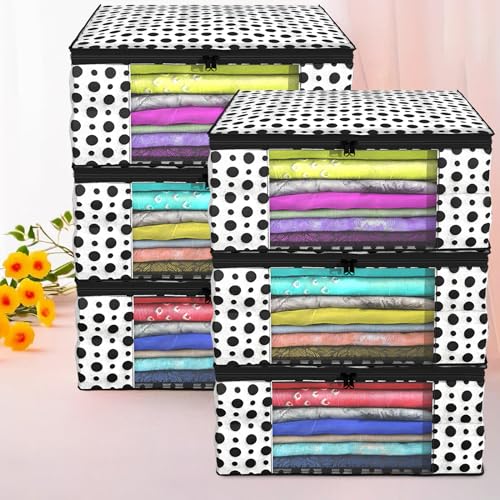 Image of Kuber Industries Clothes Organizer For Wardrobe (Pack of 6) - Storage Organizer For Saree | Shirts | Salwar Kameez - Dress Organizer For Wardrobe - Saree Covers With Zip (Polka Dots) (Black and White)