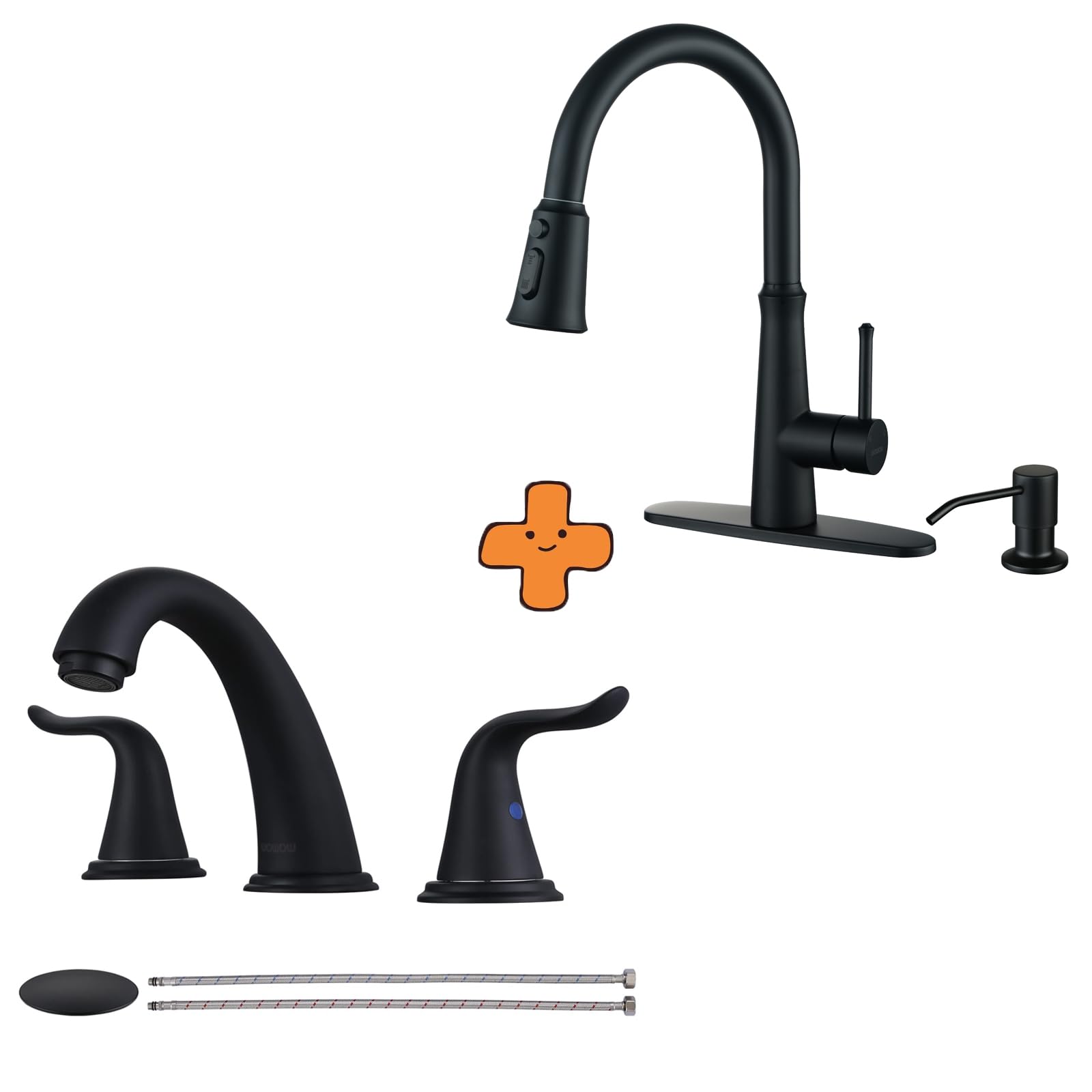Jnfidosr Black Widespread Bathroom Faucet 2 Handle 3 Hole And Kitchen Faucet With Sprayer, Single Handle High Arc Stainless Steel Kitchen Faucet