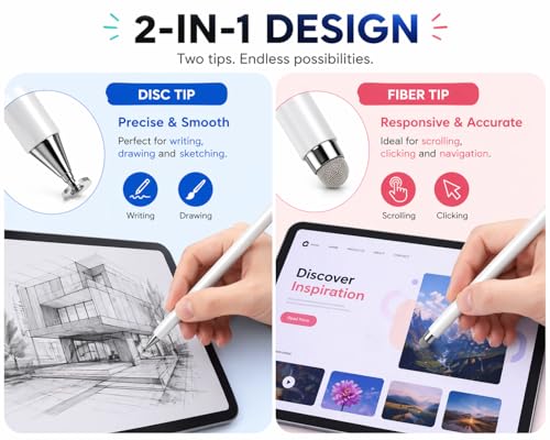 Image of Mizi Universal Stylus Pen for Touch Screens, 2-in-1 Disc & Fibre Tip Stylus for iPad, iPhone, Android, Tablet, Chromebook, Kindle, Switch - High Precision, No Bluetooth, Magnetic Cap - White