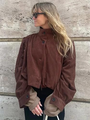 Women Retro Suede Short Jacket Elegant Stand Collar Sleeves Single Breasteds Loose Coats2