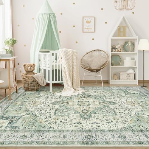 Tortania Area Rug Living Room Rugs - 7x9 Washable Boho Rug Vintage Oriental Distressed Farmhouse Large Thin Indoor Carpet for Living Room Bedroom Under Dining Table Home Office - Green