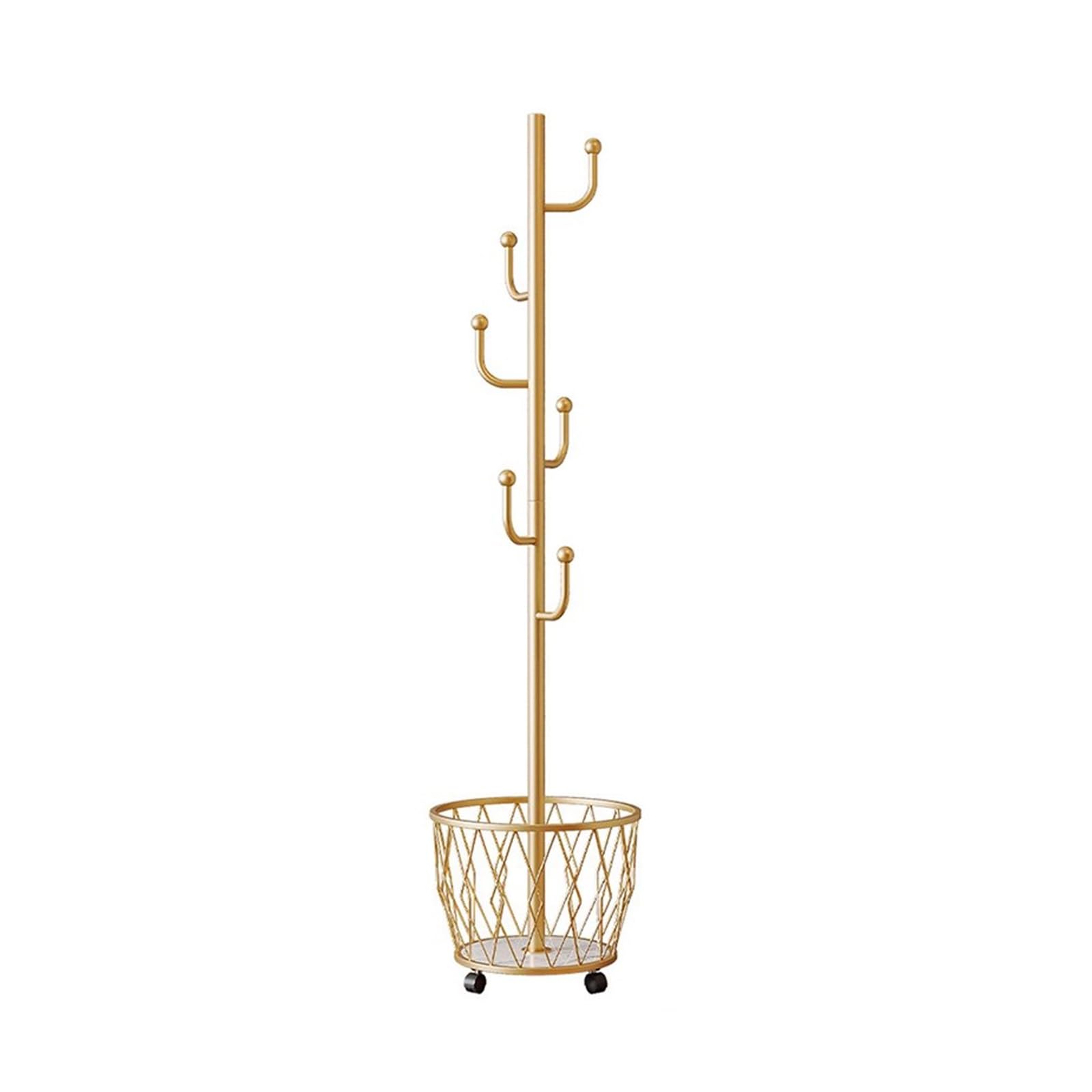 FGXHHS Freestanding Coat Rack with Basket - Modern Standing Hanger for Jackets, Scarves, Hats & Bags Stylish Gold Design (B)