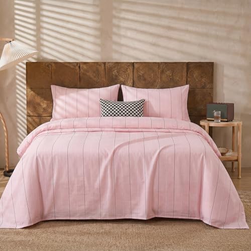 Image of Merryword Pink Pinstripe Sheet Set King Size - 100% Cotton Striped Bedding 4 Pieces, Soft Breathable Percale Weave, 17.5 inch Deep Pocket, Luxury Linen Like, All Season Comfort